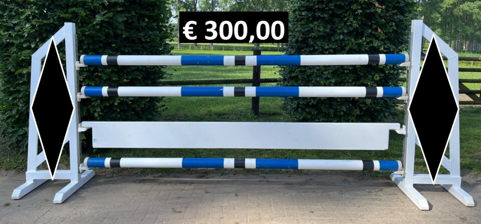 Blauw wit zwarte balken en witte plank met prijs
